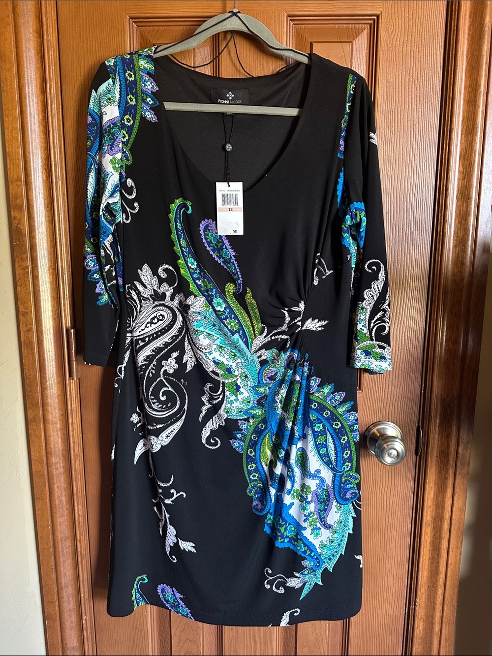 NWT Ronni Nicole Black 3/4 sleeve Dress with Blue & Green Paisley Print, size 12